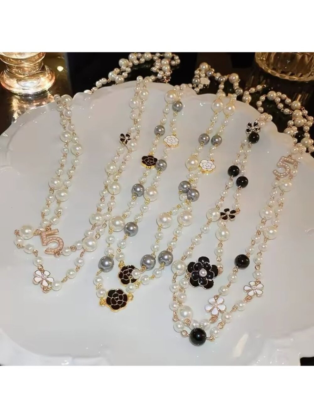Pearl Camellia Num 5 Flower Double Long Necklace